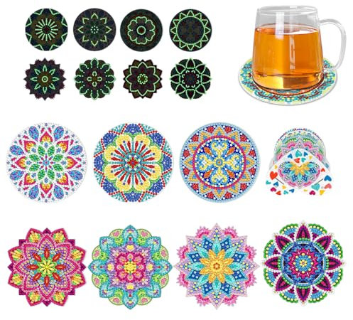 suaywo 8 pièces Peinture de Diamant Dessous de Verre 5D Diamond Painting Dessous de Verre phosphorescents Mandala Diamant Peinture Dessous de Verre avec Support Convient aux Verres à vin et Aux Vases