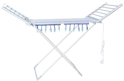 HOUSZY Electric Heated Clothes Drying Rack with Cover & Hooks – Folding Indoor Dryer Airer, 230W, 12 Pegs, Portable Aluminium Laundry Drying Stand