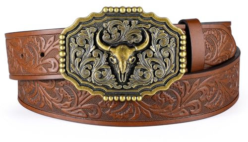 JasGood Western Ledergürtel für Herren Damen Cowboy Cowgirl Herren Gürtel Graviert Geprägter Ledergürtel mit Abnehmbare Schnalle für Jeans Hosen Rodeo,Kaffee,100cm