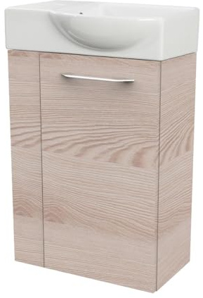 FACKELMANN B.CLEVER Gäste-WC Set 2 Teile – Waschtischunterschrank in Holz Braun mit Waschbecken aus Keramik – SBC Waschbeckenunterschrank schmal – Türanschlag rechts – Hahnloch Links – 45 cm breit