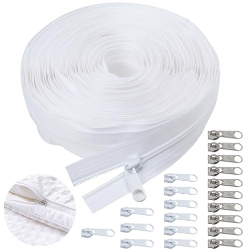 HavaCue 10m Endlosreißverschluss mit Zipper, Reißverschluss für Bettwäsche, Nylon Reisverschluss Endloses mit 20 Metall Zipper Pulls, Weiß Reissverschluss für Bettwäsche Tasche Kleidung Rucksäcke