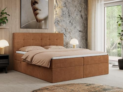MKS MEBLE Boxspringbett 200x200 Mit Bettkasten, Matratze H4 und Topper - Polsterbett Mit Stauraum - Centos - Orange Struktur