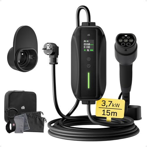 dé Ladekabel Typ 2 Schuko 3,68kW[1-phasig, 15m, 6-16A] EV Chargers mit Steuerbarer Digitalanzeige für Elektroauto, Ladekabel e Auto für Model 3/Y, ID.3, ID.4, ID.5, MG4, Q4, Gla und Anderen PHEV/EV