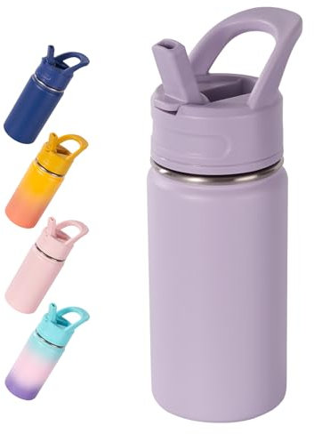 Fijinhom Kids Water Bottle for School, 360ml/12oz, Toddler Water Bottles with Straws, Stainless Steel Vacuum Insulated Water Bottles for Boys&Girls, Leak-Proof, BPA-Free,Purple