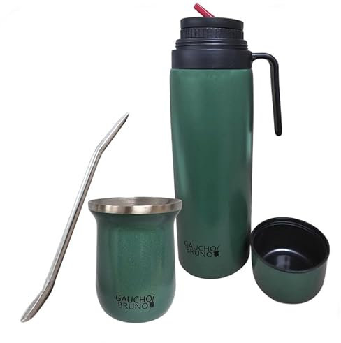 Gaucho Bruno - Kit industrial de acero inoxidable para beber yerba mate, pajita de bombilla y 1 litro, fácil de limpiar, cómodo de sostener, cálido durante más tiempo, verde arrugado