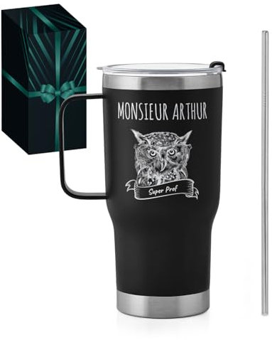 Maverton Mug Isotherme Personnalisable Noir en Acier Inoxydable 600 ml - Mug Personnalisé Maitresse avec 2 Pailles et Boîte - Cadeau Maitresse d'École fin d'année - Cadeau Prof prof