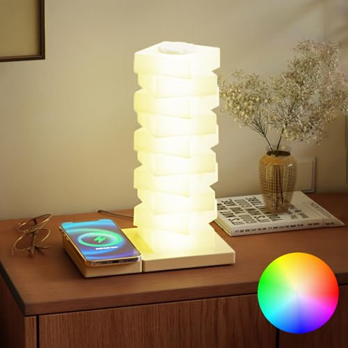 LED Tischlampe Touch Dimmbar, Nachttischlampe mit Ladefunktion, Tischleuchte mit USB-Aufladung, 15W Wireless Charger, 3000K Warmes Licht＆RGB Farbwechsel DIY Nachtlicht für Schlafzimmer, Wohnzimmer