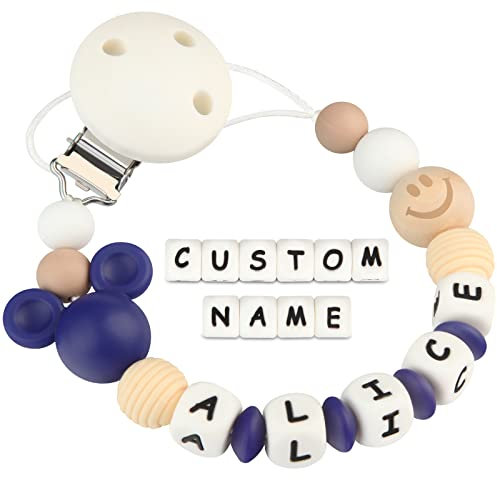 Kowlone Clip Ciuccio con Nome Personalizzata Catenella Portaciuccio Micky Mouse Porta ciuccio per Bambini(Blu Marino)