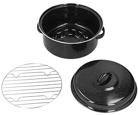 XIASABA Asador ovalado de acero inoxidable esmaltado de 26,0 × 24,0 × 12,0, asador ovalado esmaltado, excelente calentamiento para barbacoa y batata para asar en familia, asador ovalado