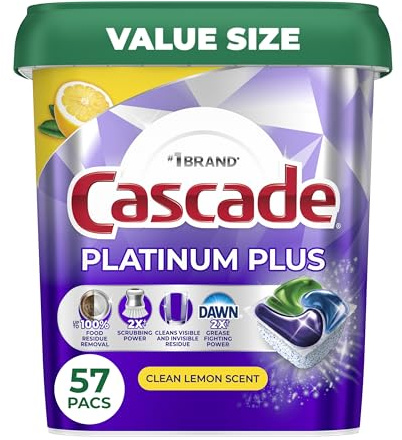 Cascade Platinum Plus Geschirrspülmittel Pods Spülseife Zitrone 57 Stück | Entfernt bis zu 100% Fett und Rückstände. Geeignet für Rohre und Geschirrspüler. Kein Abmessen notwendig. Fleckenfreier Glanz