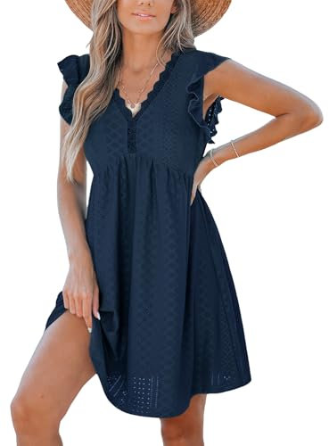 CUPSHE Beach Dress V Neck Cap Flutter Sleeve Lace Hollow Out Pleated Summer Cover Up Navy Blue XS