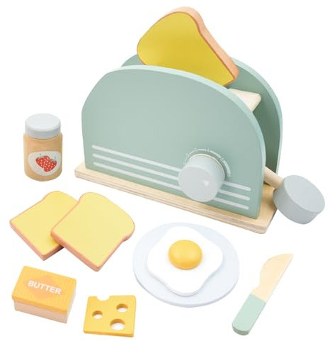 Coriver Wooden Kitchen Toys, 9 Piece Pop-Up Toy Toaster Play Set, Kids Role Play Toys, Kitchen Play Food Pretend Play, Toddler Toys for 3+ Years Kitchen Accessories
