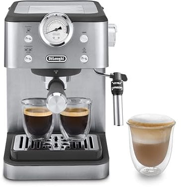 De'Longhi Linea Classic EM450.M Macchina da Caffè Manuale con lancia vapore My LatteArt, non contiene filtro E.S.E., Manometro, Filtro Doppia Parete, 15bar, Tazze Fino 13cm, Acciaio