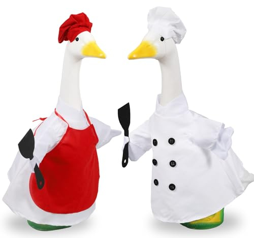 QSLWcos Koch Goose Outfit 2 Set Veranda Gans Kleidung für 58,4 cm Zementstatue Rot und Weiß Paar Koch Gans Kostüm Outdoor Garten Terrasse Hof Rasen Kunst Dekoration