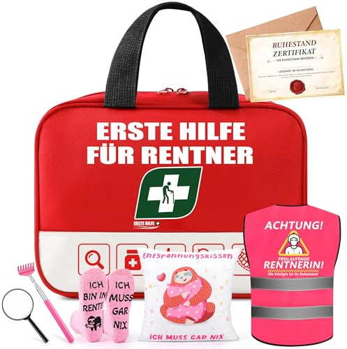 Rentner Geschenk Frau, Renteneintritt Geschenk Set mit Erste Hilfe Tasche, Grußkarte, Lustige Socken, Rentner Zierkissenbezüge, Lustige Ruhestand Geschenke für Frauen - Abschiedsgeschenk Kollegen