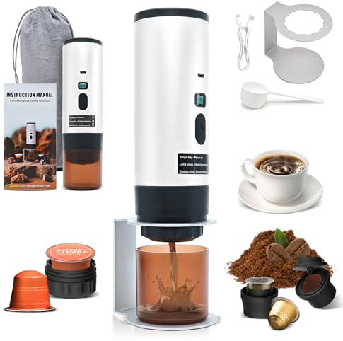 RoserRose Caffettiera Portatile, Macchina per Caffè Viaggio - Senza Fili & Auto-Riscaldante - Con Batteria 7800mAh, 15 Bar di Pressione - Compatibile con NS/DG/Caffè Macinato (Bianco)