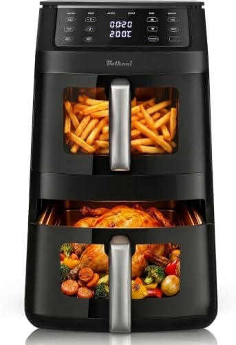 Bolkani Friggitrice ad Aria Doppia XXL 11L con 2 Camere Verticali, Smart Finish & Sync, Luce Interna, Oblò in Vetro, 6 Programmi Automatici, Funzione Grill, Touchscreen.
