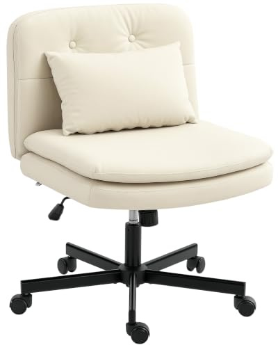 HOMCOM Bürostuhl mit Breit Sitz, Doppelschichtig Polster, Kissen, Beige | Gepolsterter Schreibtischstuhl, Höhenverstellbar Drehstuhl mit Wippfunktion, Kunstleder, Schneidersitz Stuhl, für Büro