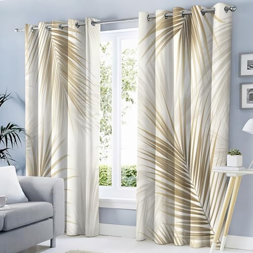 Lot De 2 Rideaux Motif Feuille De Palmier Beige Intérieur À Oeillets Bureau Adult 140L × 225H Cm Rideau Maison Cuisine Anti Chaleur Froid Beige Clair Occultant Thermique Anti Froid