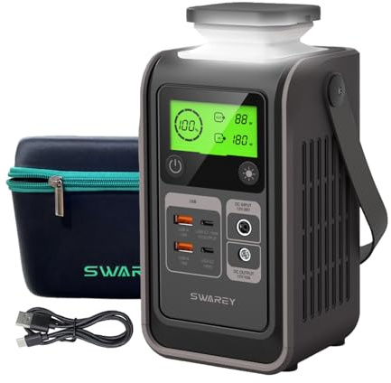SWAREY Estación de Energía Portátil S200, 192Wh Batería LiFePO4, Salida DC 180W, Carga Rápida Bidireccional USB-C de 140W, Generador Solar para Camping Viajes Emergencias
