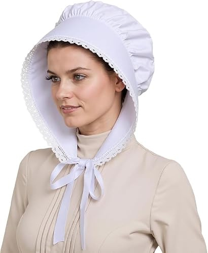 gagift World White Bonnet, Colonial Hat Pioneer Mob Hat Maid Cap with Adjustable Straps