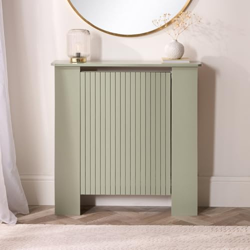 OHS Radiator Cover Medium, Modern Slatted Design MDF Wood Frame Top Shelf Ribbed Radiator Cover for Living Room Bedroom Hallway Decorative Heater Cover, Sage Green - 102 x 82 x 19cm
