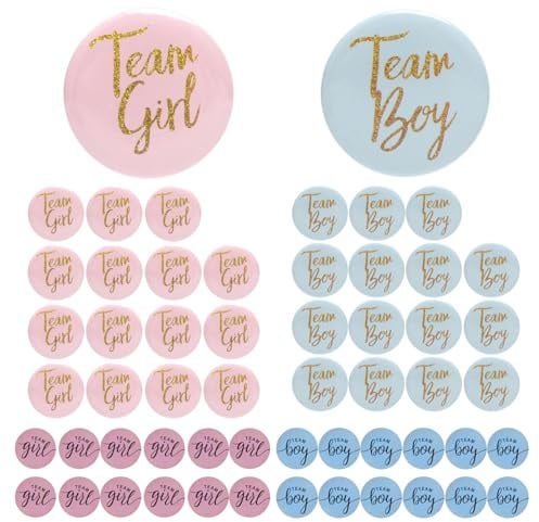 TMZELOA 56 Stück Geschlecht Offenbar Button, Team Girl und Team Boy Pin Abzeichen 32 Gender Reveal Pin + 24 Gender Reveal Sticker für Baby Shower Party Dekoration Zubehör Stickerfür(Blau und Rosa)