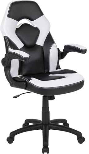 FWStyle Ergonomic Racing Style Desk Chair – Black Faux Leather &White Fabric with White Stitching – High Back Office Gaming Chair with Flip-Up Arms, Adjustable Tilt & Height
