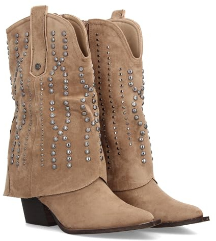Stivale Cowboy da donna con design campero. Borchie metalliche, punta sottile e tacco. Ideale per la stagione ottono invernale., beige, 36 EU