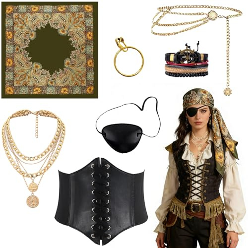 MINGJAY Piratenkostüm Damen,Piraten Kostüm Zubehör Set,Mittelalter Piratenkostüm Zubehör Set,Augenklappe Pirat,Piraten Verkleidung Accessories,Piratens Kopftuch,für Karneval,Fasching,Mottoparty