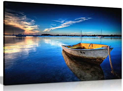 Coastal Wall Art Blue Boat Canvas Print, Framed Seaside 18x12in Decor | Ready to Hang, Vivid Colours, for Living Room Bedroom Bathroom, Beach Ocean Picture, Coastal Room Decoration