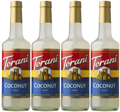 Torani Coconut Coffee Syrups (4 x 750ml) - Pure Cane Sugar Coconut Syrups for Lattes, Iced Coffee & Tropical Drinks - Exotic Taste, Vegetarian-Friendly
