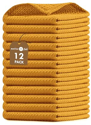Native Fab Waffle 12 Pack Kitchen Dish Cloths Cotton 12x12 Absorbent Washable, Dish Towels, Restaurant Cleaning Towels, Bar Mops Towels, Rags for Home Kitchen Bars, Mustard Yellow
