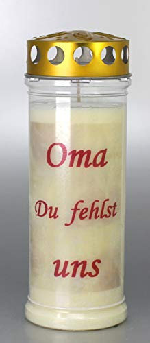 Grabkerze Oma Du fehltst uns, (21x7,5 cm) Grablicht mit 7 Tage Brenndauer (3913), Wetterfestes Trauerlicht mit Deckel, Hochwertige Trauerkerze, Edle Gedenkkerze aus Deutschland