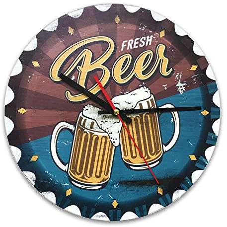 Fitwish Reloj de pared vintage de MDF de 30 cm de diámetro con reproducción de tapón de cerveza e impresión de jarras de cerveza para decorar el hogar de forma original, ideal para todos los ambientes