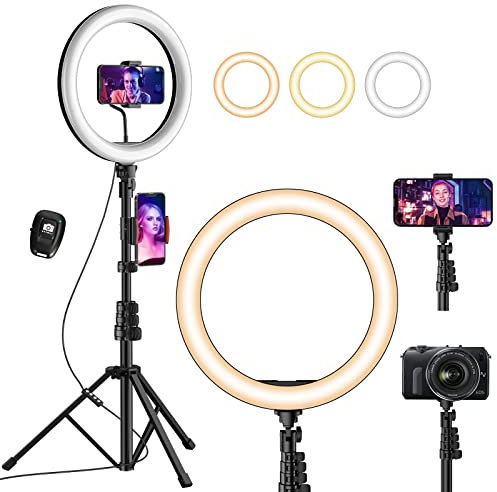 UPhitnis 12 Ring Light, Luce per Selfie, 63 Staffa Triangolare, Luce ad Anello LED da 3 modalità di Illuminazione con 10 luminosità, per Trucco, Fotografia, Youtube e Video Selfie