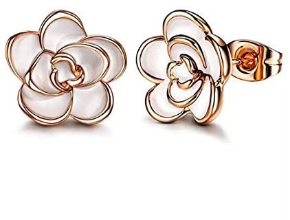 Gilieyer Rose Flower Stud Earrings for Women, 18K Gold Plated Enamel Craft Black Flower Earrings Cute Jewelry Gifts for Mother's Day (Rose Gold White)