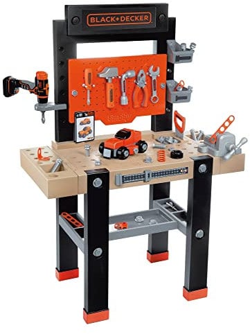 Smoby - Black and Decker Kids Centre Workbench Age 3+, 92 piece Pretend play toy workbench with mechanical cordless screwdriver, car kit, tools, vice is suitable for children kids aged 3 yers and over