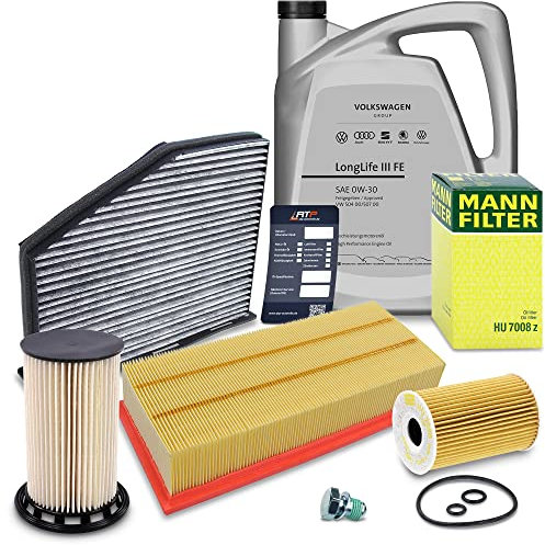 BESTPRICE Inspektionspaket Filterset mit 1x Ölfilter, 1x Luftfilter, 1x Innenraumfilter (Aktivkohle), 1x Kraftstofffilter, 1x Ölablassschraube mit Dichtung, 1x Motoröl 0W-30 LongLife 3 FE 5 l,