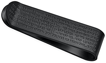 Bling Jewelry Porte-Cartes Pince À Billets Personnalisable pour Hommes en Acier Inoxydable avec Citation De Mantra Religieux Personnalisée Prière du Seigneur Croix Noire pour Hommes Adolescents Père