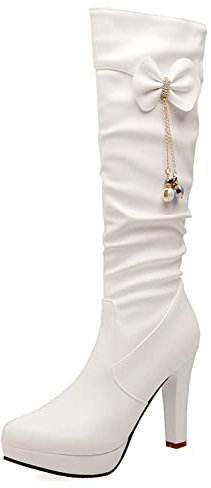 MJIASIAWA Donna Sposa Comodo Knee Stivali Arricciati Tacco Alto Inverno Warm Punta Rotonda Eleganti Festa Plateau Stivali Equitazione Bianco Numero 38 EU/39 Asiatico