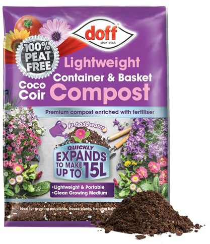 Doff Lightweight Container & Basket Compost – Expands 15L Peat-Free Plant Feed & Garden Fertiliser – Coco Coir Compost Enriched with Fertiliser – Indoor & Outdoor Plants