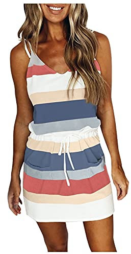 Abito estivo da donna, corto, con spalline sottili, da donna, estivo, a righe, sexy, senza maniche, con scollo a V, abito da spiaggia, per adolescenti, ragazze, Blu, M