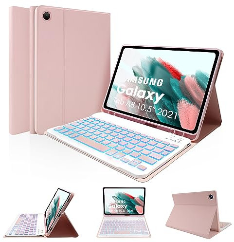 LAMA Backlit Samsung Galaxy Tab A8 Case with Keyboard & Built-in S Pen Holder for Samsung Tab A8 10.5 2021(SM-X200/X205/X207) UK Layout, Slim Smart Galaxy Tab A8 Tablet Detachable Keyboard Cover,PK