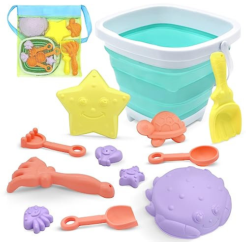 13pcs Bucket Beach Toys, Play Sand Toys Set Including Spade Bucket Mesh Bag and Mini Molds, Sand and Water Outdoor Fun Tools for Boys Girls