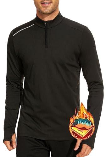 AMZSPORT Herren Thermal Langarmshirt, Half Zip Laufshirt mit Stehkragen, Atmungsaktiv 1/4 reißverschluss Sportshirt Funktionsshirt Trainingsshirt für Gym Jogging, Schwarz, M