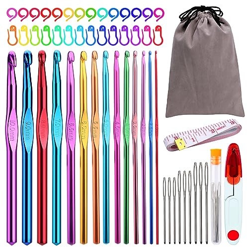 Doxiru 55-teiliges Häkelnadel-Set, 2,0 mm–10,0 mm, Aluminium-Häkelnadel, ergonomischer Griff, Häkelnadeln, Stricknadeln, mit Maschenmarkierern, Aufbewahrungstasche für handgefertigtes Kunsthandwerk
