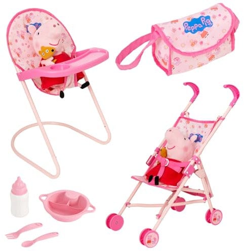 Peppa Pig Puppen-Kinderzimmer Set Pink | 7-teiliges Spielset mit Buggy, Hochstuhl, Besteck, Wickeltasche & Zubehör | Puppenwagen & Buggy für Rollenspiele | Ab 3 Jahren geeignet