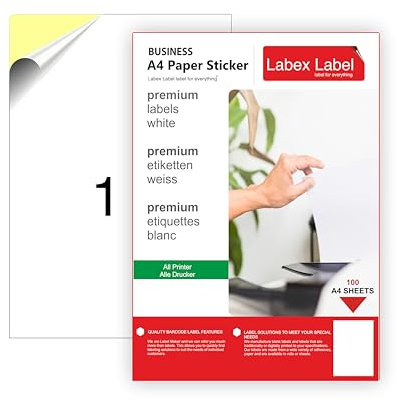 100 Blatt Etiketten A4 Bogen ∣ A4 klebepapier bedruckbar - 210 x 297 mm weiß selbstklebend bedruckbar - 100 DIN A4 Bogen à 1x1 210x297 Papier Labels/Haftetiketten -Universal Etiketten
