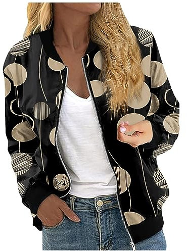 Azruma Leichte Steppjacke Mantel Damen Herbst Wollmantel Damen Winter Frauen Dünne Stehkragen Drucken Zipper Langarm Kurz Bomberjacke Mit Tasche Leichte Reißverschluss Pilotenjacke (3-Gold, XXL)